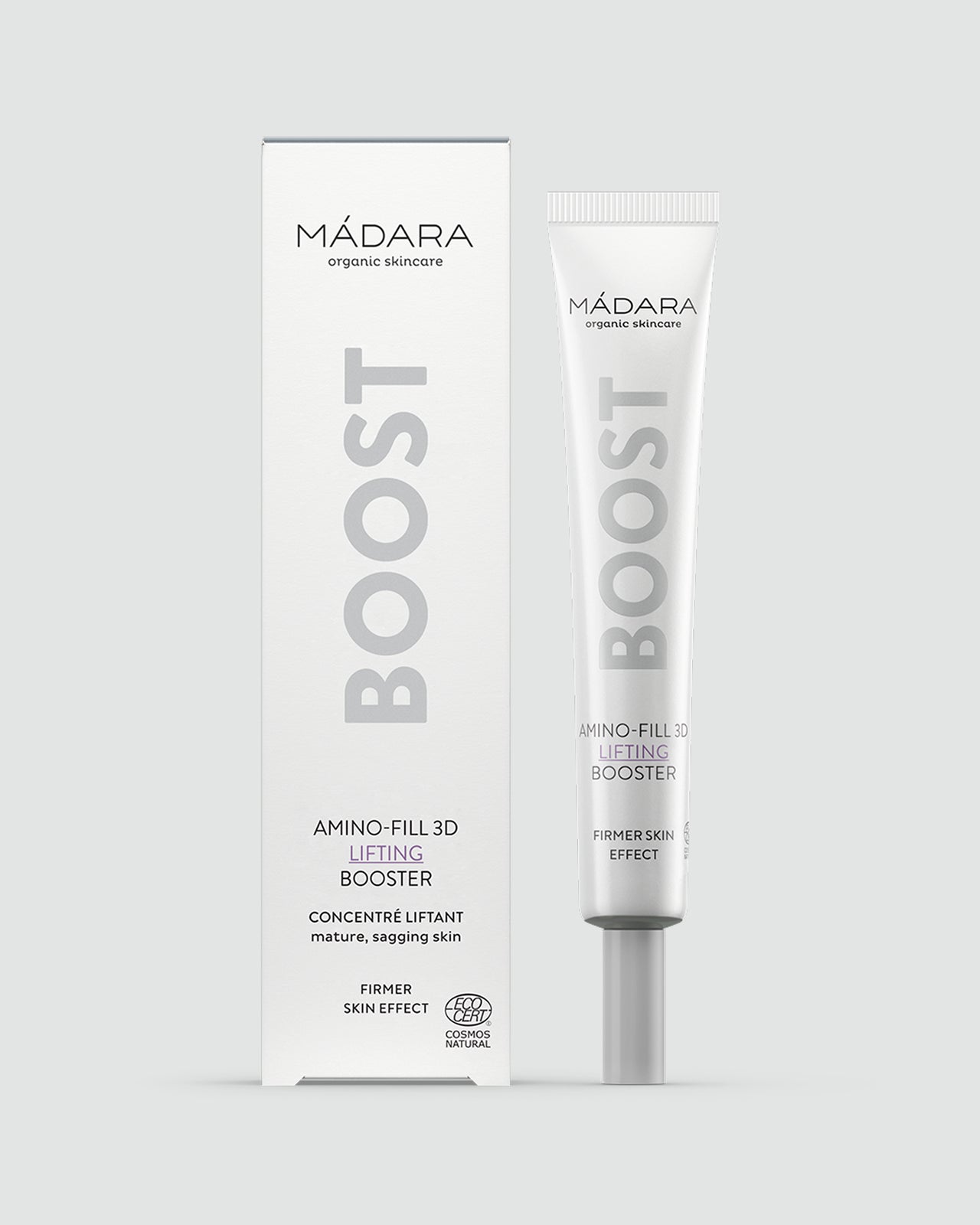 Madara BOOST Amino-Fill 3D Kohottava seerumi; tuubi ja pakkaus vierekkäin