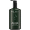 A dark green plastic bottle of MÁDARA Wild Woods Moisture Wash with a black pump dispenser. Surface is matte, bottle is cylindrical. Label shows white, sans-serif text and a small five-pointed star icon. Background is plain and neutral; no people or additional objects present. Shot is straight-on product view.
