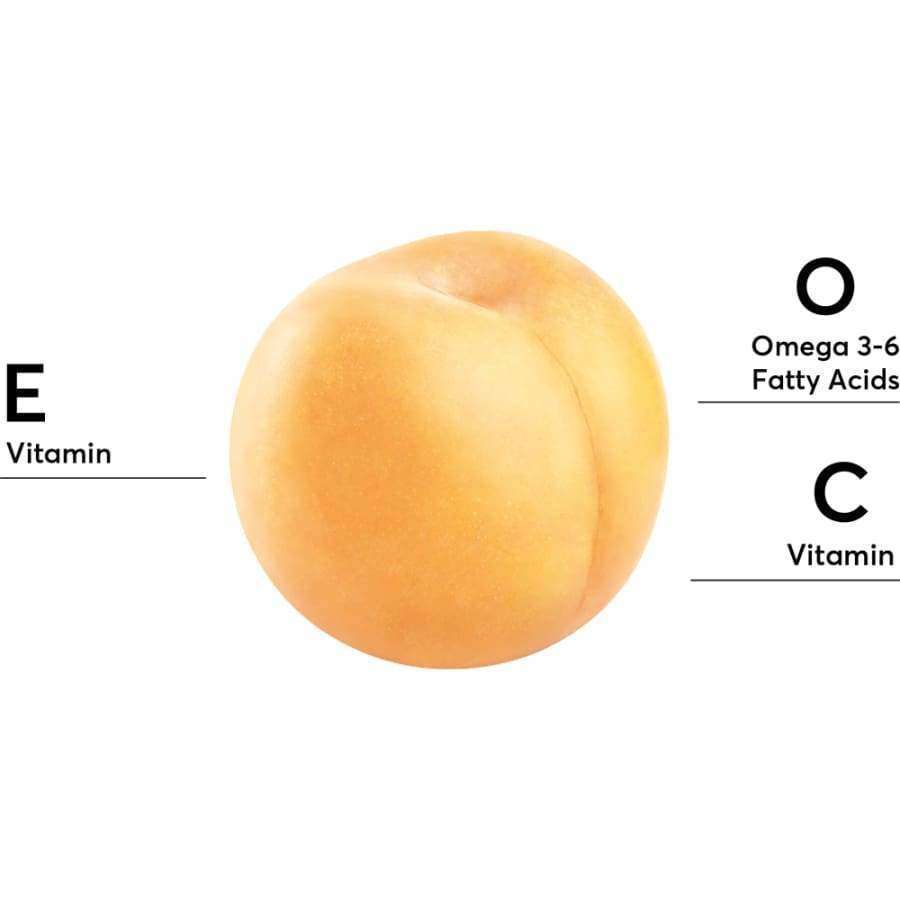 A whole apricot is centered against a plain white background. The apricot has an even, matte surface and round shape without packaging. Simple, clear labels identify it as a source of Vitamin E, Omega 3-6 Fatty Acids, and Vitamin C. No people or hands are visible in the image.