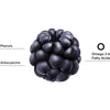 Lähikuva karhunvatukasta valkoisella taustalla, viivat osoittavat merkintöihin "phenols", "anthocyanins" ja "omega 3-6 fatty acids"; tummanvioletti hedelmä, yksittäiset rypäleet näkyvissä, ei pakkausta