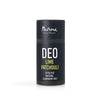 Nurme Purest Beauty Deo Lime Patchouli -deodorantti; musta, lieriömäinen putkilo mattapinnalla pystyssä yksivärisellä vaalealla taustalla; etiketissä valkoista ja vihreää groteskitekstiä; tehokas, luonnollinen ja alumiiniton; ei ihmisiä tai käsiä; yksittäinen tuote studioasetelmassa.