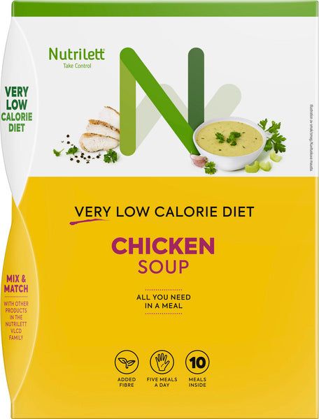 NutriLet very low calorie chicken soup meal package, featuring a bowl of soup and bread, with text highlighting added fiber and five meals a day. Contains 10 sachets inside. The box is rectangular with matte finish, predominantly white and green, sans-serif typography, product photo on front. Box sits upright against a plain light background in a studio shot.