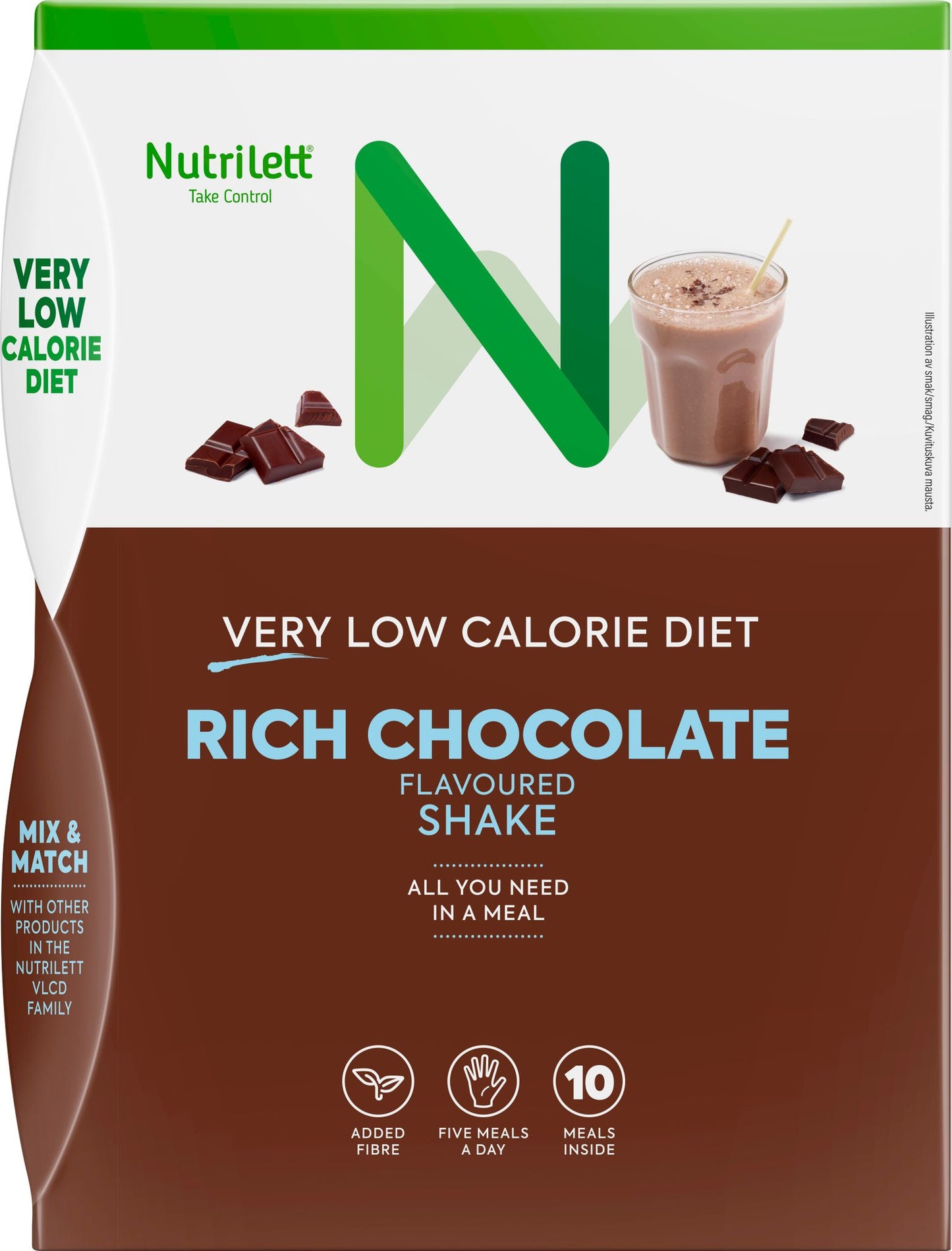NutriLettt Rich Chocolate Shake box, rectangular with a matte surface and brown color scheme. Product shows chocolate pieces and a glass containing a brown liquid. Main label text: Very Low Calorie Diet, Rich Chocolate Flavoured Shake, All you need in a meal. Sans-serif lettering dominates the packaging. No people or hands present; plain background; front-facing product shot.