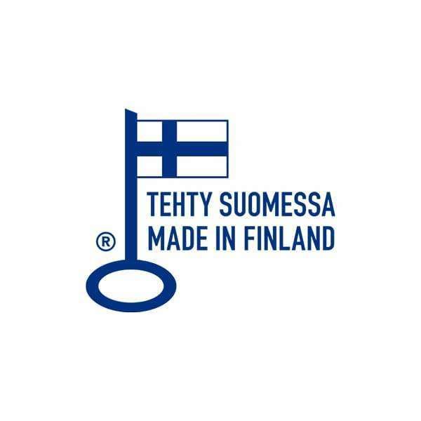 A blue and white Finnish flag on a logo, with the text TEHTY SUOMESSA MADE IN FINLAND below it, highlighting that the product is authentically made in Finland. Logo features rectangular design; text in bold sans-serif capital letters beneath the flag; white background. No people or other objects visible; shot is closely cropped to logo area.