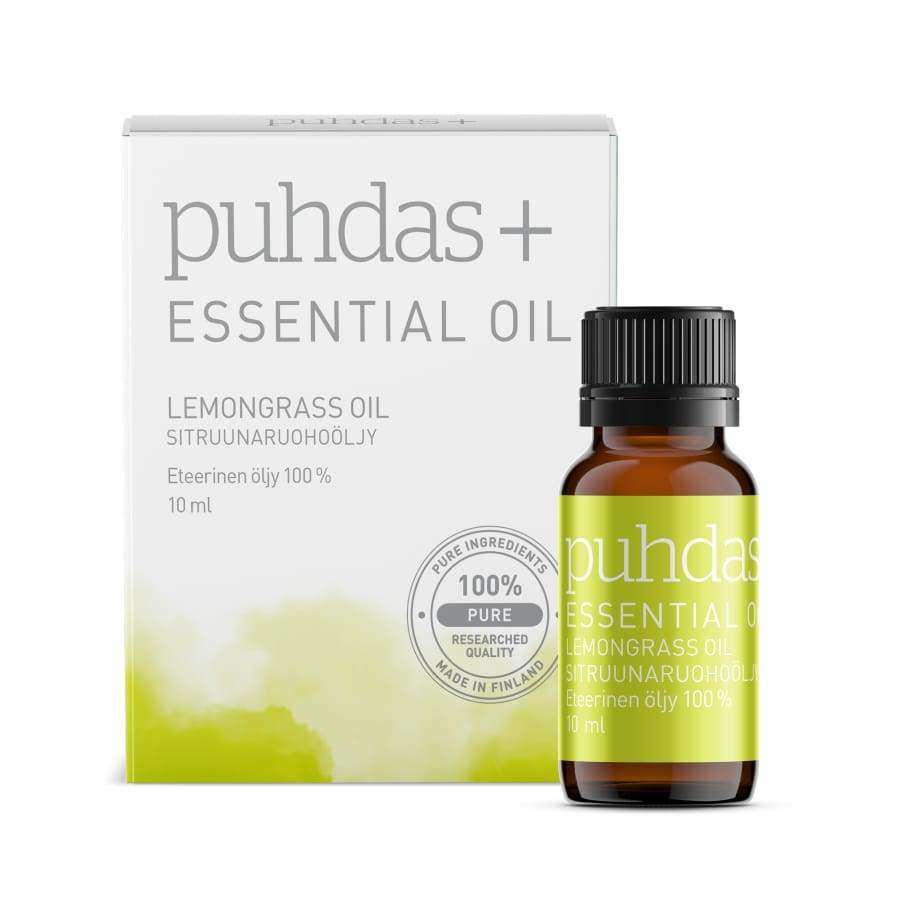 A bottle and box of Puhdas+ Essential Oil Lemongrass, featuring a green-yellow label and packaging. The bottle is cylindrical glass with a matte-finish label; the box is rectangular cardboard. Both display sans-serif text stating “100% pure lemongrass essential oil,” “10 ml,” and “made in Finland.” Plain white background, no people or props visible.