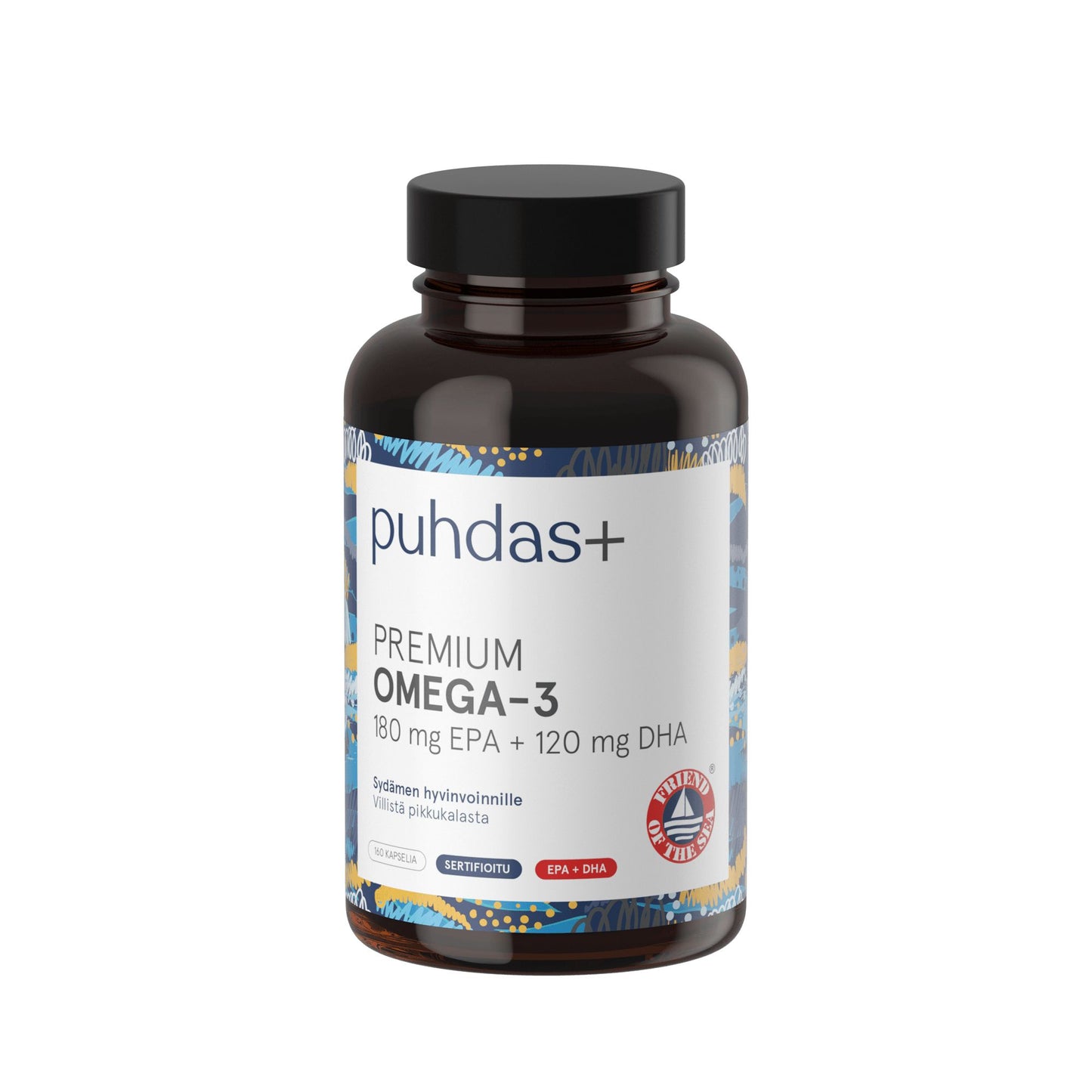 A brown plastic bottle with a matte finish and black screw cap is shown upright. The front label reads “puhdas+ PREMIUM OMEGA-3 contains 180 mg EPA and 120 mg DHA” and displays a circular USA seal. Label design includes blue, yellow, and white geometric accents. Sans-serif font is used for the text. The background is plain white, with no people or hands visible in the shot.