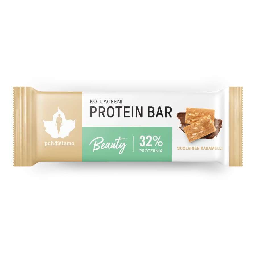 Puhdistamo Kollageeni Protein Bar Beauty, 32% proteiinia, suolainen karamelli; beige pakkaus, jossa kollageenimaininta sekä kuva karamelli- ja suklaapaloista; suorakulmainen, mattapintainen pakkaus, yhtenäinen beige väri; lihavoitua groteskitekstiä; vaalea tausta, ei ihmisiä; studiokuva ylhäältäpäin.
