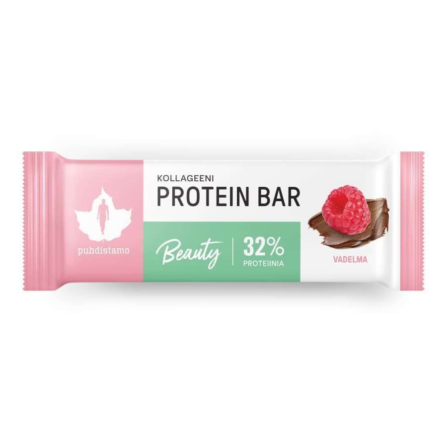 A Puhdistamo protein bar wrapper with a raspberry on chocolate, labeled Kollageeni Protein Bar Beauty, 32% proteiinia, and Vadelma, featuring a white, pink, and green design. The rectangular wrapper is glossy with bold sans-serif text. The image is a direct front-facing product shot on a plain background. No people or hands are present in the composition.
