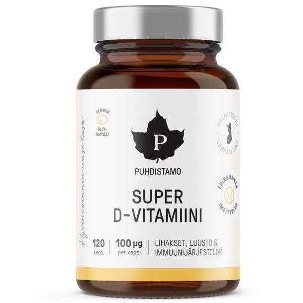 A brown glass bottle labeled Puhdistamo Super D-Vitamiini, containing 120 capsules of high-strength vitamin D, 100 µg per capsule. The cylindrical bottle has a shiny black screw cap. The matte white label displays a bold black leaf logo and sans-serif text in Finnish. No hands or people visible in the image. Plain background with even lighting.