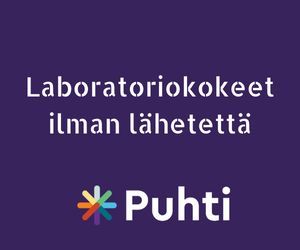 Life Extension Neuro-Mag® Magnesium L-Threonate; tuotekuva yhtenäisellä violetilla mattapintaisella taustalla; valkoinen suomenkielinen groteskiteksti "Laboratoriokokeet ilman lähetettä"; alapuolella värikäs Puhti-logo esittää yrityksen nimen valkoisin kirjaimin; ei pakkausta, ihmisiä eikä muita esineitä kuin logo ja teksti; kuva otettu suoraan edestä hyvässä valaistuksessa.