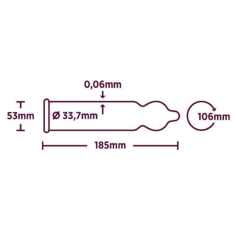 RFSU Magic kondomi -mittapiirros, jossa kondomin pituus 185 mm, leveys 53 mm, halkaisija 33,7 mm ja paksuus 0,06 mm merkittynä läpinäkyvään kuvaan