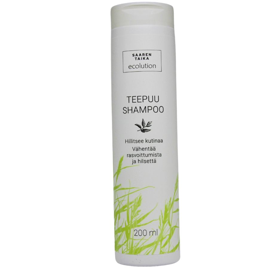 A white 200 ml plastic bottle of Saaren Taika Ecolution Teepuu Shampoo has a cylindrical shape with a flat white cap. The front label displays green grass illustrations and clear black Finnish text in sans-serif font. Matte surface finish. Plain, light-colored background; no people or hands visible. Studio product shot, centered subject.