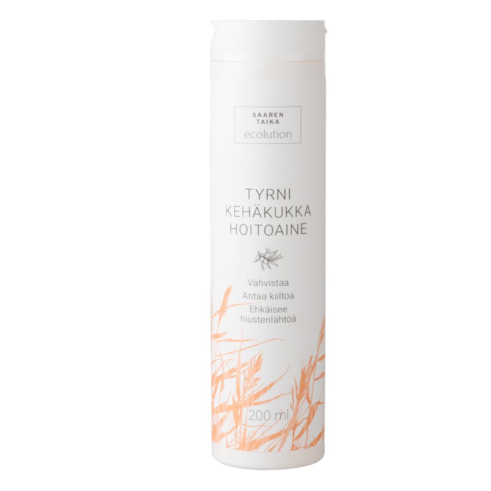 Saaren Taika Ecolution Hoitoaine Tyrni-Kehäkukka, 200 ml; valkoinen muovipullo mattapintaisena sylinterinmuotoisena läppäkorkilla; etiketissä eloisia oransseja kasvikuvioita ja suomenkielinen teksti hoitavista ainesosista; brändinimi ja tuotetiedot selkeästi luettavissa; valkoinen tausta, ei ihmisiä tai käsiä.