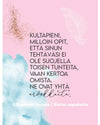 Product photographed against a pink background with a white feather, gold sparkle accents, and delicate blue watercolor details. Finnish text highlights the importance of expressing one’s own feelings. ©Susanna Jussila / Sielun sopukoita is credited at the bottom. Typography is clear and legible. No people or hands visible in the image.
