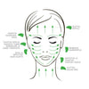 SkinMood Gua Sha Beauty Tool Hierontalasta; kasvokaavio vihrein nuolin havainnollistamassa hierontasuuntia; suomenkielinen teksti listaa hyödyt: ryppyjen tasoittaminen, leukalinjan kohotus, turvotuksen vähentäminen, silmänalusten kirkastaminen; kaavio selkein viivoin vaalealla taustalla groteskitekstillä; ei tuotteita, pakkausta tai käsiä kuvassa.