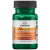 Swanson Tocotrienols; vihreä muovipullo tekstillä "Tocotrienols antioxidant support", 50 mg annattokasvista peräisin, 60 pehmeäkapselia; valkoinen etiketti oranssein ja keltaisin väriblokein, lihavoitu groteskifontti brändinimestä; kaikki teksti luettavissa suoraan edestä; pystyssä valkoisella taustalla, ei ihmisiä tai käsiä.