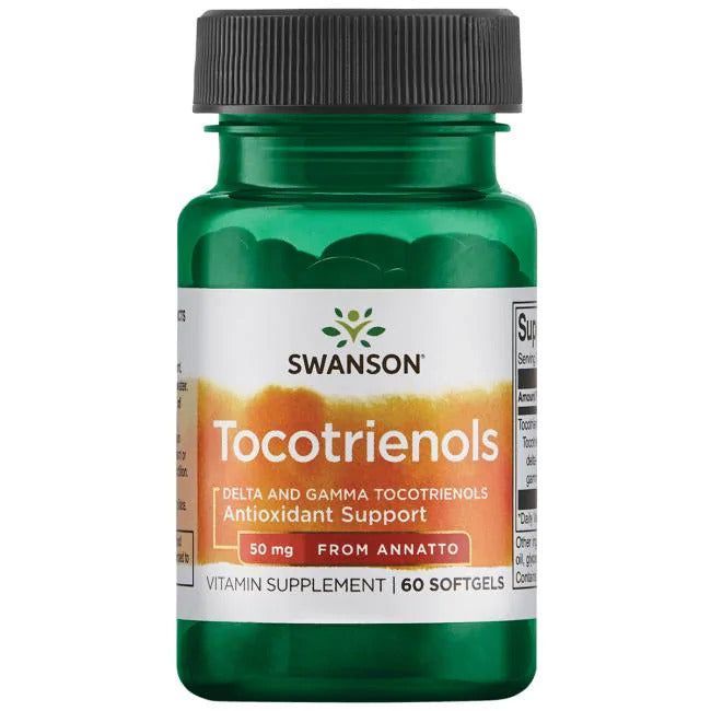 Swanson Tocotrienols; vihreä muovipullo tekstillä "Tocotrienols antioxidant support", 50 mg annattokasvista peräisin, 60 pehmeäkapselia; valkoinen etiketti oranssein ja keltaisin väriblokein, lihavoitu groteskifontti brändinimestä; kaikki teksti luettavissa suoraan edestä; pystyssä valkoisella taustalla, ei ihmisiä tai käsiä.