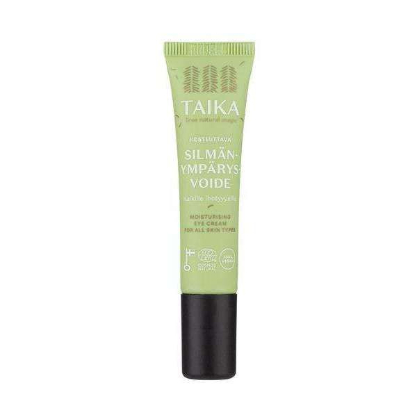 A green tube labeled Taika Silmänympärysvoide moisturizing eye cream with Finnish text and icons, standing upright on a white background. The tube is cylindrical with a matte finish and displays both bold and regular sans-serif typography. There are no people or hands present in the image. This nourishing eye cream hydrates the delicate skin around your eyes.