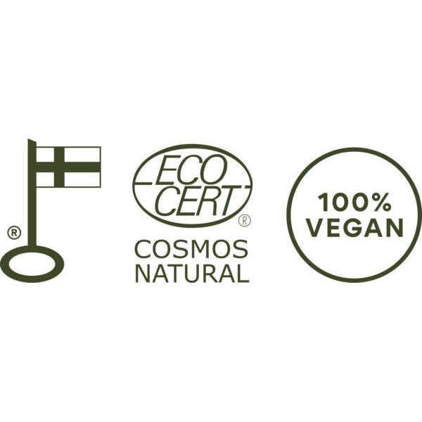 Taika Kosteuttava Puhdistusgeeli; kolme logoa: Suomen lippu, ECOCERT Cosmos Natural -sertifiointi ja ympyrä tekstillä "100% VEGAN", korostaen suomalaista alkuperää, luonnonmukaisuutta ja vegaanisuutta; logot yksinkertaisin muodoin ja vähäisin värein vaaleaa taustaa vasten; ei pakkausta, tuotetta, ihmisiä tai toimintaa kuvassa.