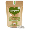 Together Health Vitamin D3; ruskea, uudelleensuljettava pussi tekstillä "Vitamin D3 with coconut oil", vegaani- ja kasvilähdekuvakkeet, pystyssä mattapintaisena; groteskiteksti sekä hasselpähkinä- ja vihreä lehtikuvitus; kolme valkoista kapselia edessä; neutraali tausta.