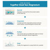 Together Health Magnesium; infograafi Kuolleenmeren magnesiumin valmistuksesta: kerätty Kuolleesta merestä, haihdutettu suolan poistamiseksi, puhdistettu pesemällä ja sumukuivattu jauheeksi; yksinkertaisia kuvituksia korostaen mineraalin erityisominaisuuksia jokaisessa vaiheessa.