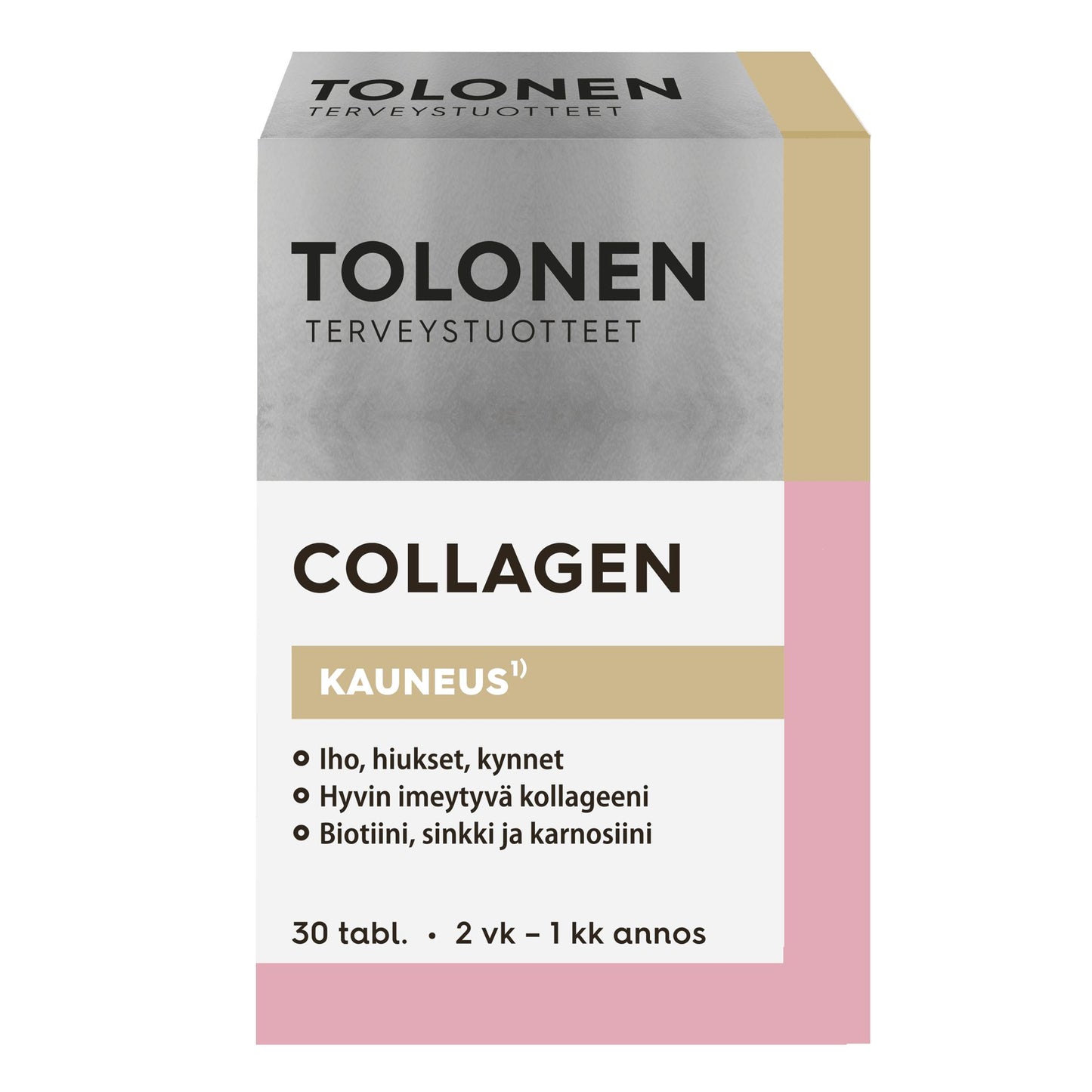 Tolonen Collagen -pakkaus, suomenkielistä tekstiä, tuotetietoja mustalla ja kultaisella valkoisella, harmaalla, kultaisella ja vaaleanpunaisella pohjalla; laatikko suorakulmainen mattapinnalla, tekstausvapaata typografiaa eri painoin; etiketissä ilmoitettu 30 tablettia ihon, hiusten ja kynsien tueksi; ei ihmisiä tai toimintaa näkyvissä.