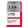 Tolonen Karpalo + C-Vitamiini -pakkaus, sisältää 60 kapselia; suorakulmainen pahvipakkaus kiiltävällä pinnalla, valkoinen, vaaleanpunainen ja musta väritys; tekstausvapaata typografiaa; tuotenimi ja keskeiset tiedot suomeksi selkeästi näkyvissä etusivulla; ei ihmisiä tai taustaelementtejä kuvassa.
