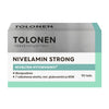 Tolonen Nivelamin Strong -pakkaus, nivelten hyvinvointia tukeva ravintolisä, sisältää 90 tablettia; teksti suomeksi, korostettuina keskeiset ainesosat kuten glukosamiini ja MSM; laatikko suorakulmainen turkoosin, valkoisen ja harmaan värinen mattapinnalla; tekstausvapaata typografiaa etiketissä; ei ihmisiä tai käsiä näkyvissä; tausta yksinkertainen, tavanomainen tuotekuva.