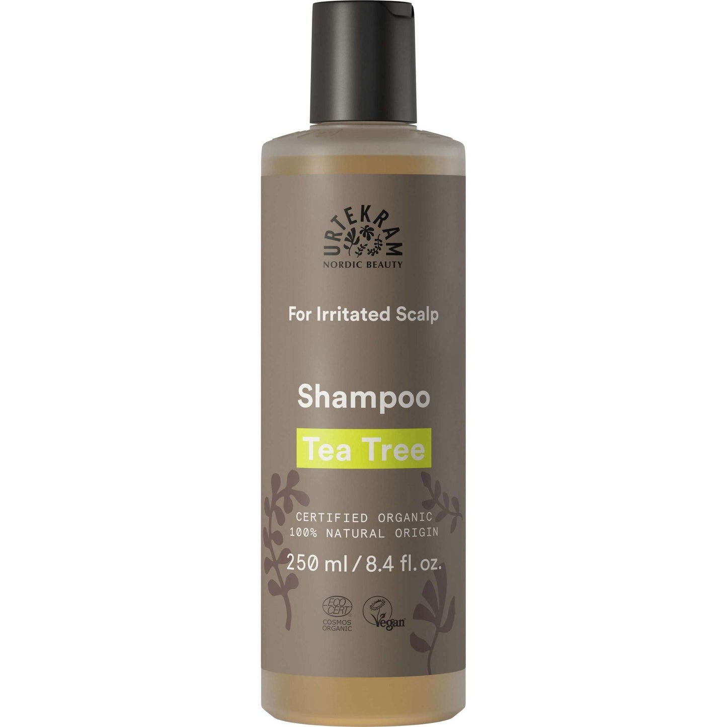 Urtekram Tea Tree Shampoo ärtyneelle päänahalle, 250 ml muovipullo hopeanvärisellä läppäkorkilla; valkoinen-vihreä etiketti, luomu- ja vegaanimerkinnät