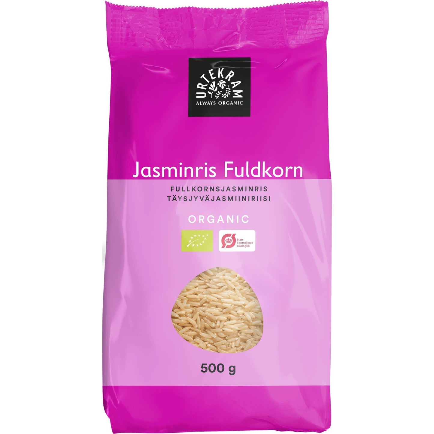 Urtekram Luomu Jasmiiniriisi täysjyvä -pussi, 500 g, vaaleanpunainen, läpinäkyvä ikkuna näyttää riisinjyvät; teksti tanskaksi ja suomeksi, groteskiteksti