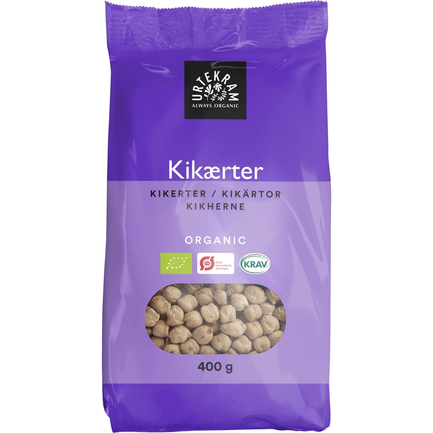 Urtekram Luomu Kikherne -pussi, 400 g, violetti, kirkas ikkuna näyttää kikherneet; suorakulmainen mattapintainen pakkaus, valkoinen lohkoteksti tuotemerkille ja tuotetyypille, pyöreitä sertifiointimerkkejä alaosassa