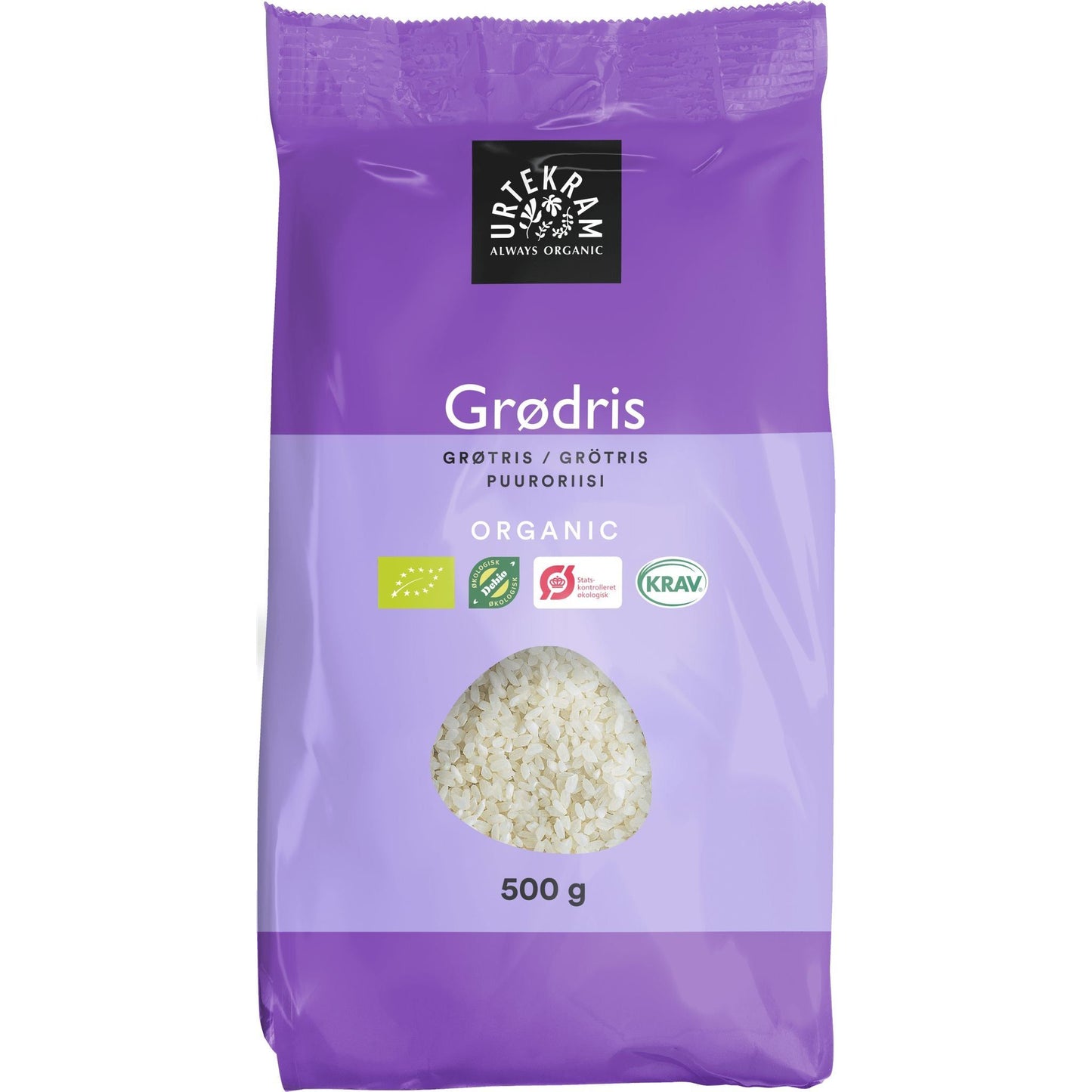 Urtekram Luomu Puuroriisi -pussi, 500 g, violetti, kirkas ikkuna näyttää riisin; mattapintainen muovipakkaus, valkoinen groteskiteksti ja logo yläosassa