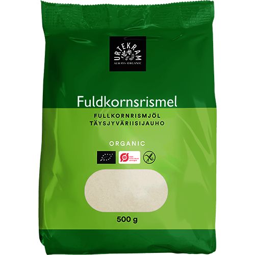 Urtekram Luomu Täysjyväriisijauho -pakkaus, 500 g, vihreä, tanskankielinen teksti, ikkuna näyttää valkoisen jauhon; suorakulmainen mattapintainen pakkaus, selkeä groteski- ja antiikvateksti