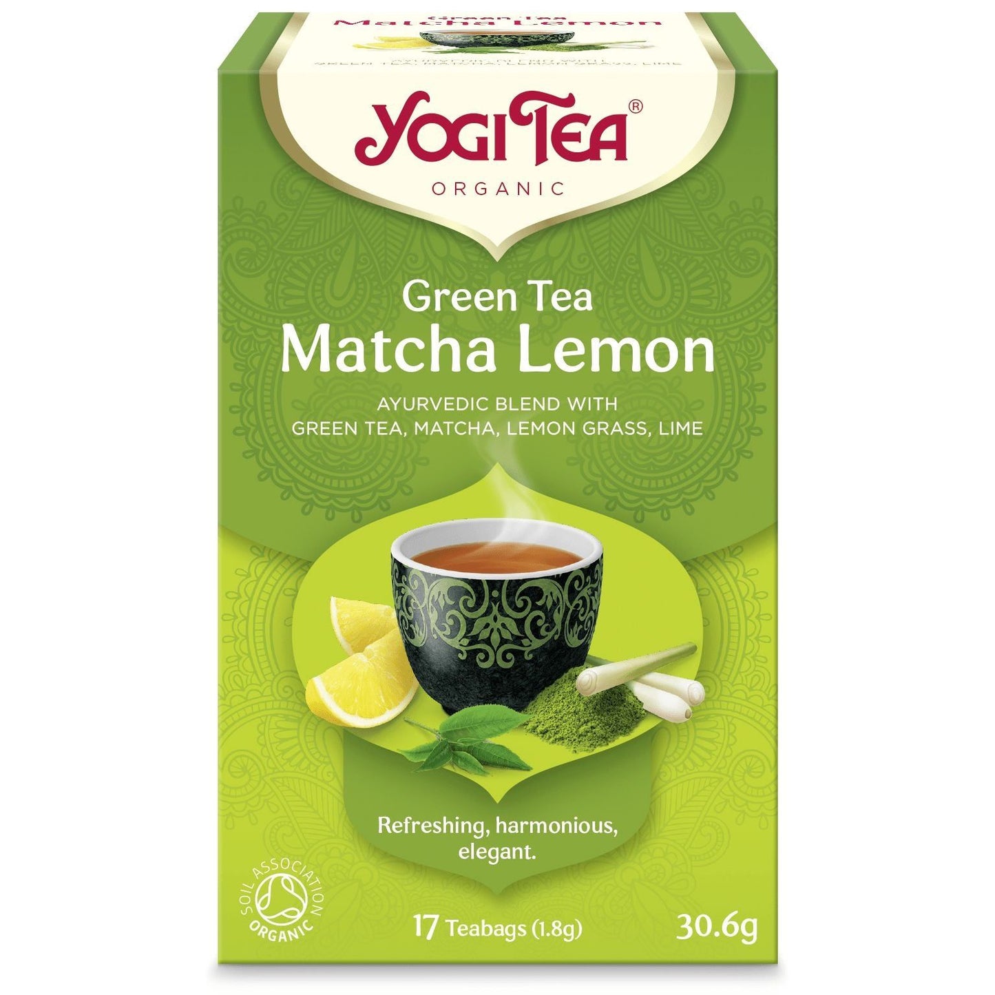 YogiTea Luomu Green Matcha Lemon -teepakkaus; suorakulmainen, mattapintainen rasia vihreän ja keltaisen sävyissä; etiketissä kuva teekupista, matchajauheesta, sitruunaviipaleista ja sitruunaruohosta; merkki ja tuotetiedot luettavissa etiketistä; kuvattu suoraan edestä neutraalia taustaa vasten, ei ihmisiä tai käsiä näkyvissä.